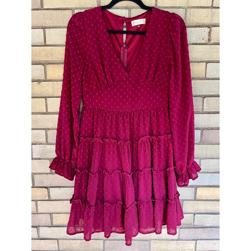 Altar'd State Burgundy Clip Dot Tiered Ruffle Long Sleeve Party Dress Size Small